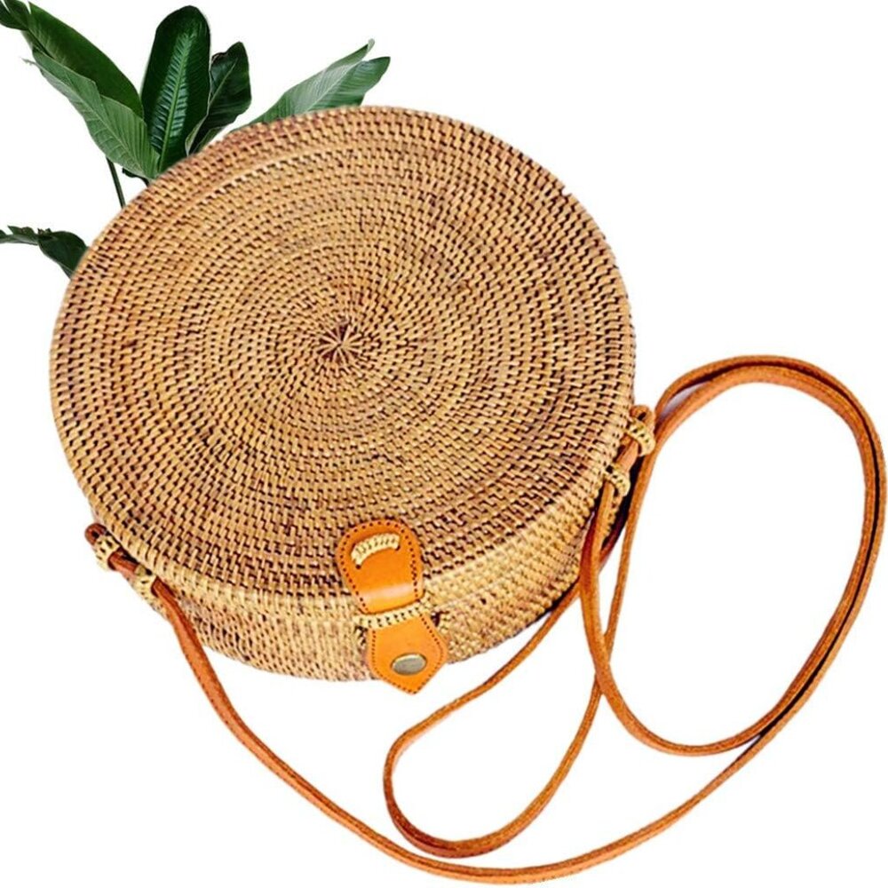 Handwoven Round Rattan Straw Bag for Women Shoulder Leather Button Straps Natura - Picture 1 of 9